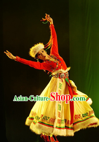 Traditional Chinese Folk Tibetan Dance Costumes and Hat Complete Set for Women