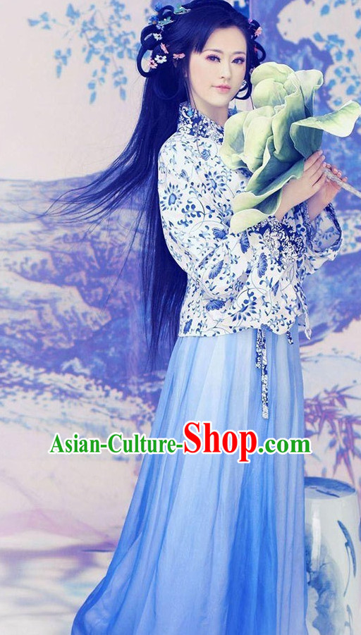 Traditional Chinese Ancient Blue White Costumes Complete Set for Women