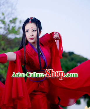 Chinese Traditional Red Swordswoman Outfits and Hair Decorations Complete Set