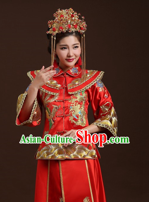 Traditional Chinese Double Happiness Phoenix Wedding Dress and Skirt for Women