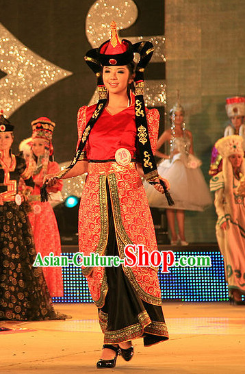 Traditional Mongolian Clothing and Hat Complete Set for Women
