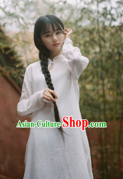 Chinese Traditional White Mandarin Long Jacket for Women
