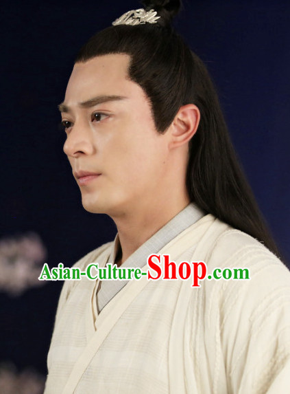 Handmade Chinese Guzhuang Long Black Wigs and Hair Accessories for Men
