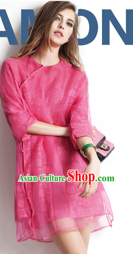 Silk Chinese Traditional Short Sleeves Mandarin Blouse for Women