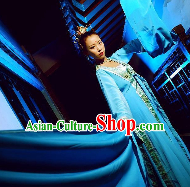 Water Sleeves Blue Chinese Classical Dancing Costumes and Hair Jewelry Complete Set for Women