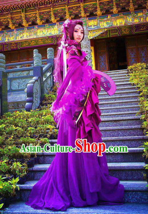 Purple Traditional Chinese Noblewoman Costumes and Long Wigs Complete Set for Women
