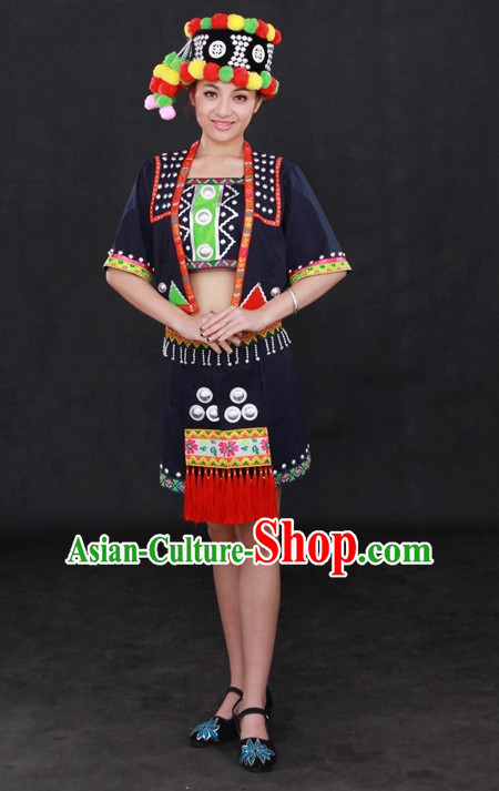 Traditional Chinese Ethnic Minority Wa People Clothing and Hat Complete Set for Women