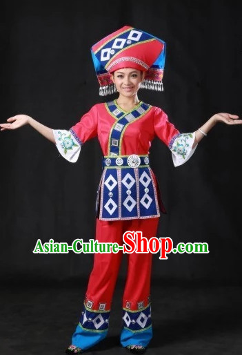 Traditional Chinese Ethnic Zhuang People Folk Clothes and Hat Complete Set for Women