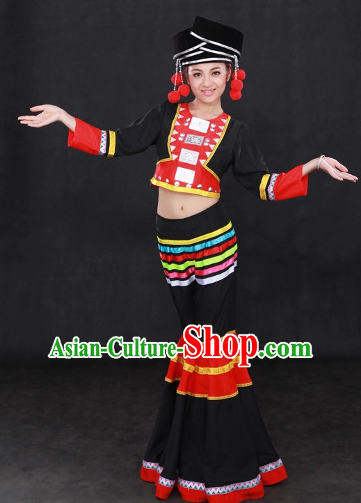 Traditional Chinese Ethnic Achang Nationality People Folk Dresses and Hat Complete Set for Women