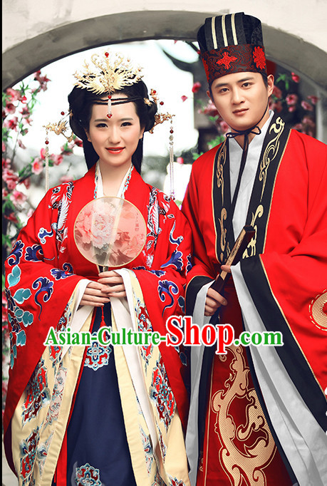 Red Chinese Ancient Bridegroom Wedding Dresses and Hat Complete Set for Men and Women
