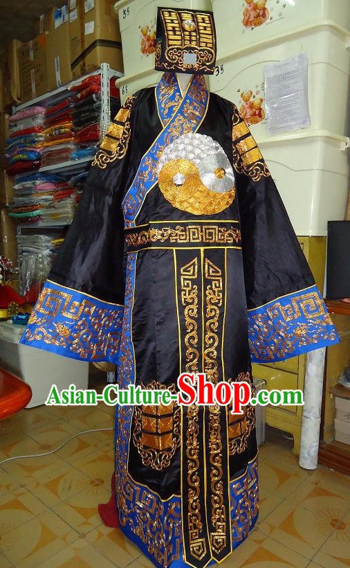Chinese Ancient Taoist Costumes and Hat Complete Set for Men