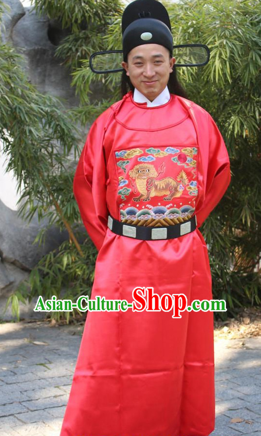 Chinese Ancient Ming Dynasty Prime Minister Costumes and Hat Complete Set for Men