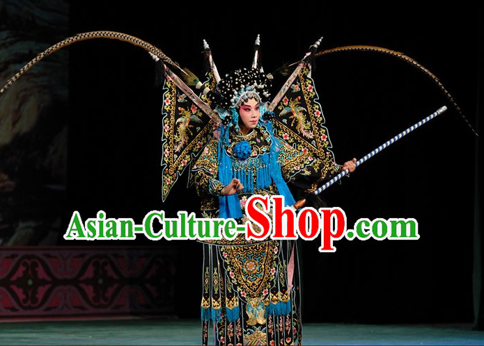 Black Chinese Traditonal Beijing Opera Wu Tan Costumes and Helmet Complete Set