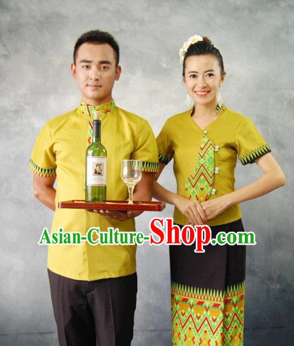 Traditional Thailand Customs Restaurant Waiter and Waitress Male and Female Clothes 2 Sets