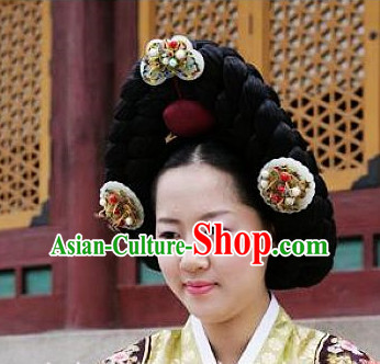 Ancient Korean Palace Lady Long Black Wigs and Hair Jewelry Accessories Complete Set