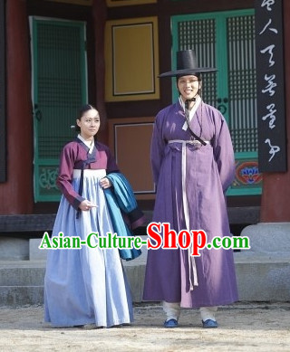Ancient Korean Husband and Wife Costume and Hat 2 Complete Sets