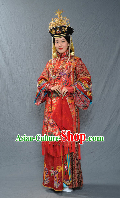 Chinese Ancient Imperial Empress Wedding Dresses and Phoenix Hat Complete Set