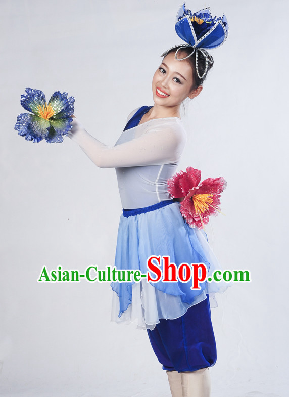 Blue White Flower Dancewear and Flower Hair Decorations Complete Set for Women