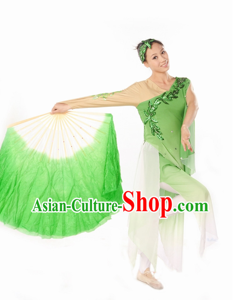 Green White Pure Silk Dancing Fan