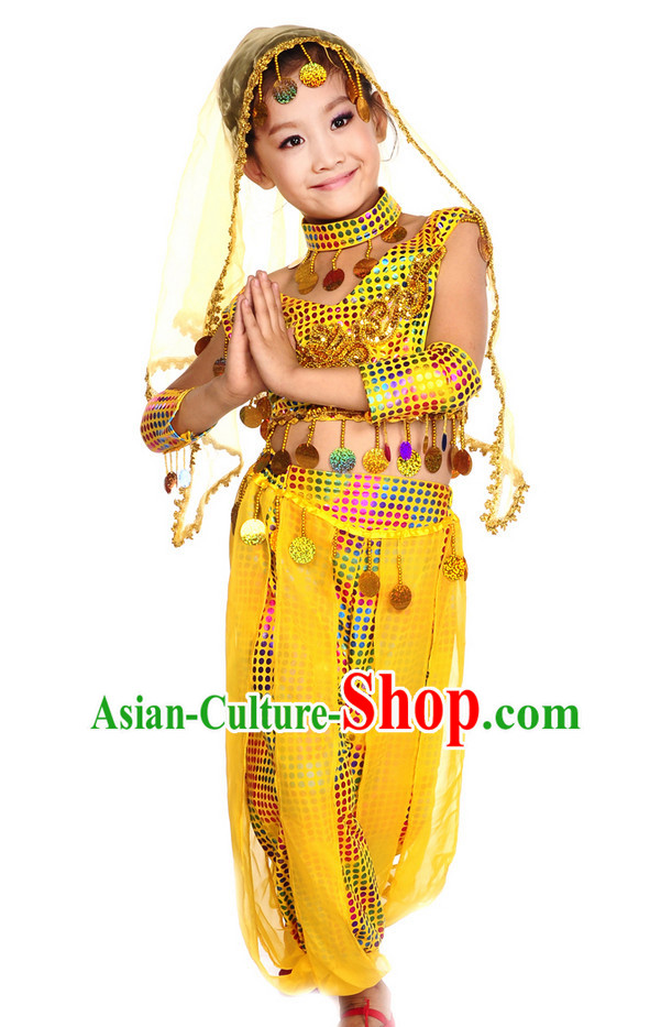 Yellow Xinjiang Dance Costumes and Veil for Kids