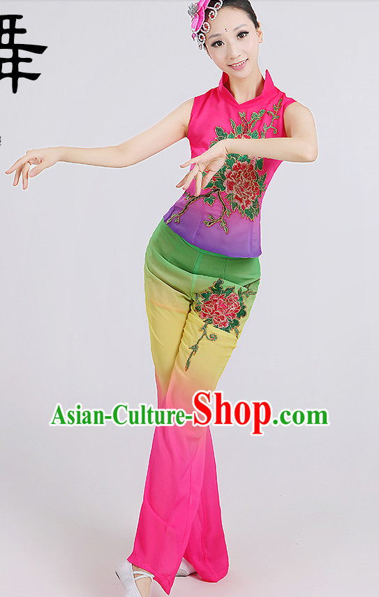 Chinese Group Fan Dancewear Dance Clothes and Hair Decorations Complete Set for Women