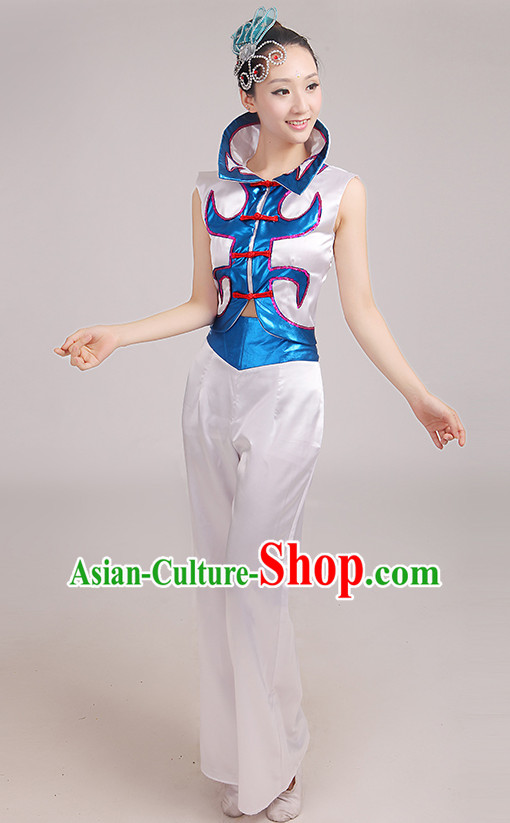 High Collar Chinese Fan Dance Costumes Dancing Clothes and Headpieces Complete Set for Woen