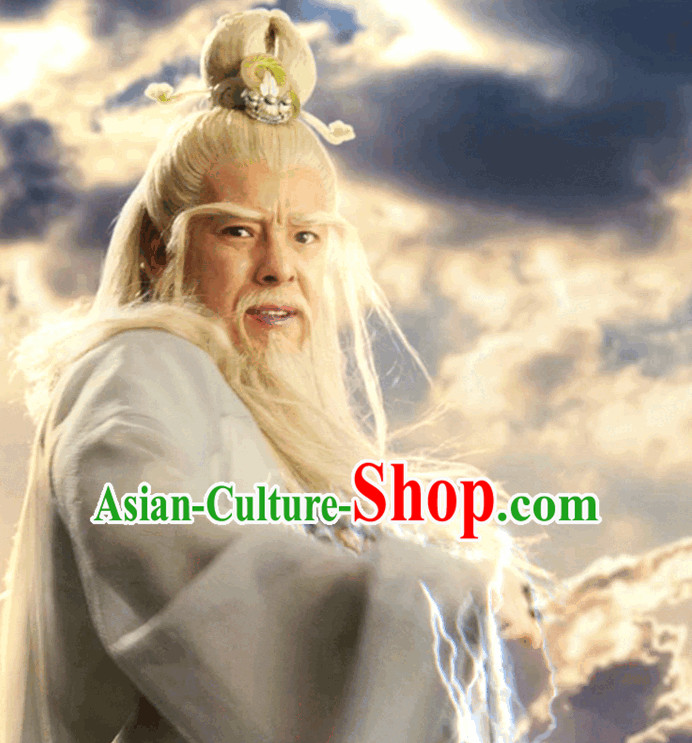 Ancient Chinese Grandfather White Long Wigs and Hair Accessories