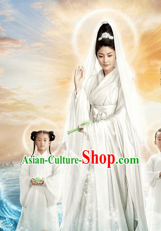 Chinese White Fairytale Guanyin Costume and Head Jewelry Complete Set