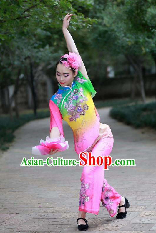 Chinese Folk Lotus Dance Costume and Headdress Complete Set