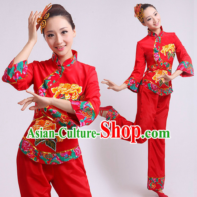 Chinese Fan Dance Costumes Team Dancing Costume Dancewear China Dress Dance Wear and Headwear Complete Set