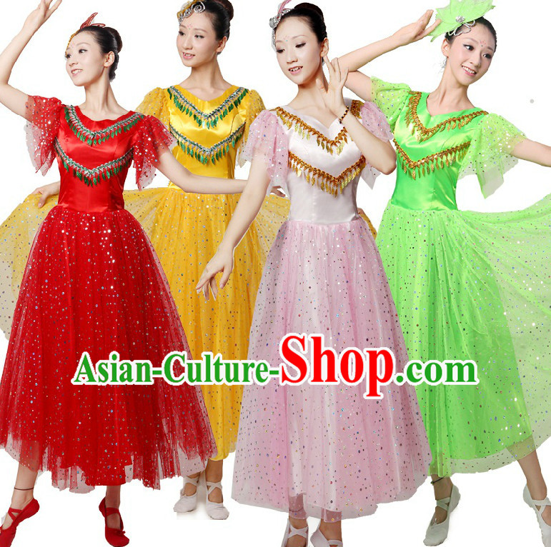 Asian Dance Costumes Ribbon Dancing Costume Dancewear China Dress Dance Wear and Headwear Complete Set