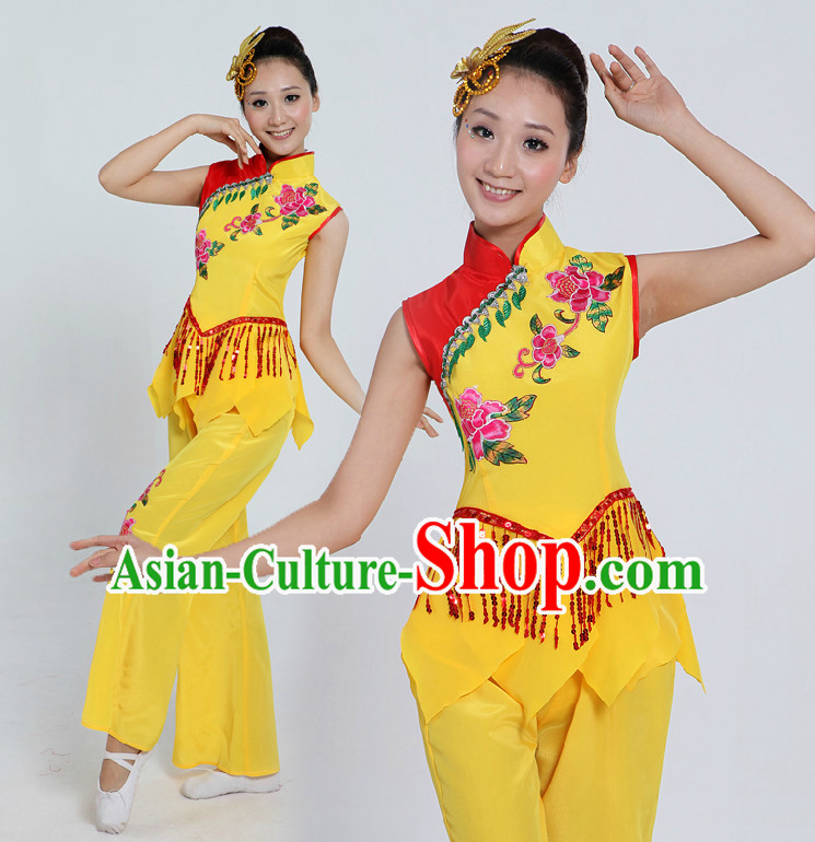 Asian Folk Dance Costume Group Dance Costumes Dancewear China Dress Dance Wear and Headpieces Complete Set
