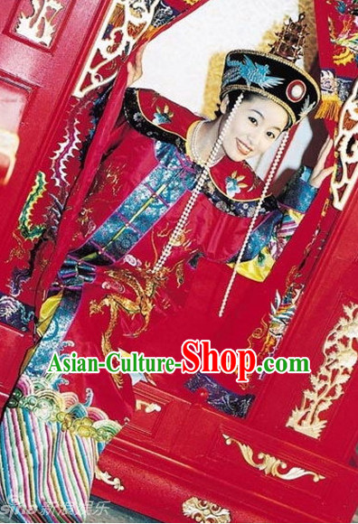 Chinese Ancient Empress Wedding Dresses and Hat Complete Set