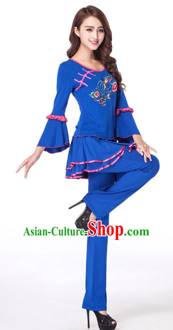 Blue Chinese Style Fan Dance Costume Discount Dance Costume Ideas Dancewear Supply Dance Wear Dance Clothes Suit