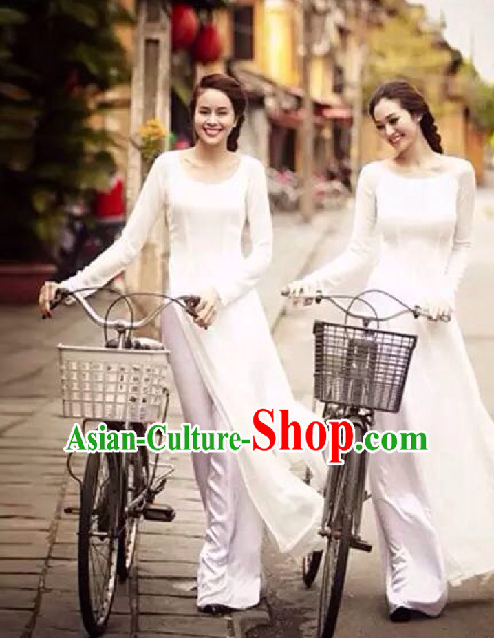 Pure White Traditional Vietnamese Girl Clothing Ao Dai Complete Set