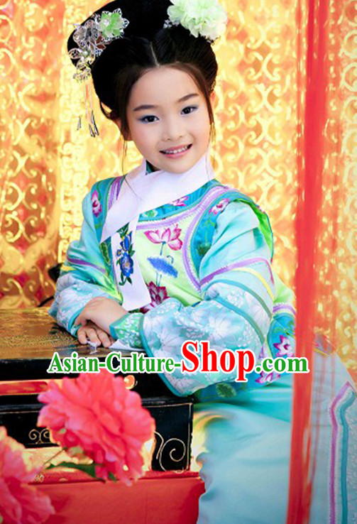 Qing Dynasty Princess Clothing and Headwear Complete Set for Kids