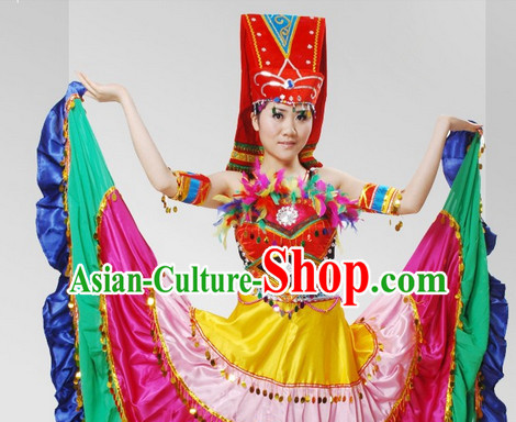 Chinese Stage Celebration Ethnic Dancewear and Hat Complete Set for Women