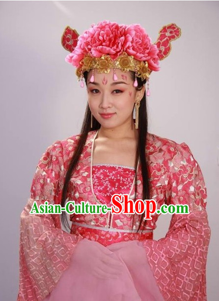 Chinese Flower Stage Performance Pink Dancing Costume and Head Wear for Women