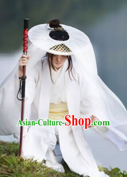 Ancient Chinese Swordsmen Costume and Bamboo Hat Complete Set for Men