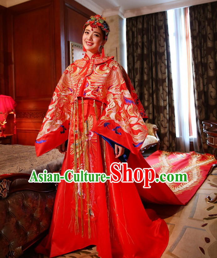 Long Tail Traditional Chinese Wedding Brides Dresses and Hair Accessories Complete Set