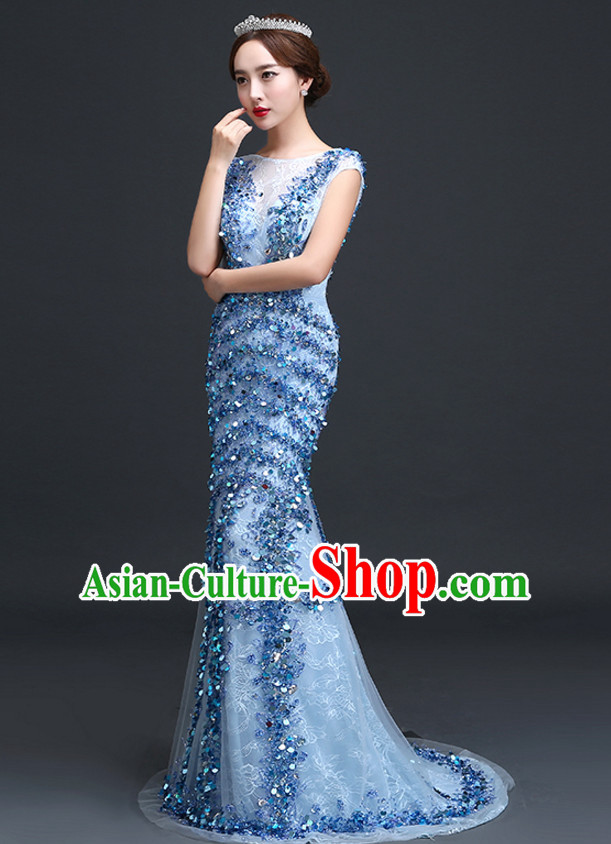 Top Chinese Blue Long Tail Wedding Dress Evening Dress and Hair Jewelry Complete Set