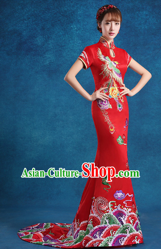 Top Chinese Red Embroidered  Long Tail Wedding Dress Evening Dress and Hair Jewelry Complete Set