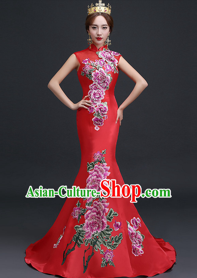 Top Chinese Red Long Tail Wedding Dress Evening Dress and Hair Jewelry Complete Set