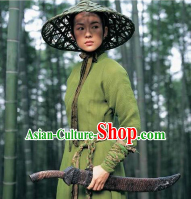 Ancient Chinese Swordswoman Costume and Bamboo Hat Complete Set for Women or Men