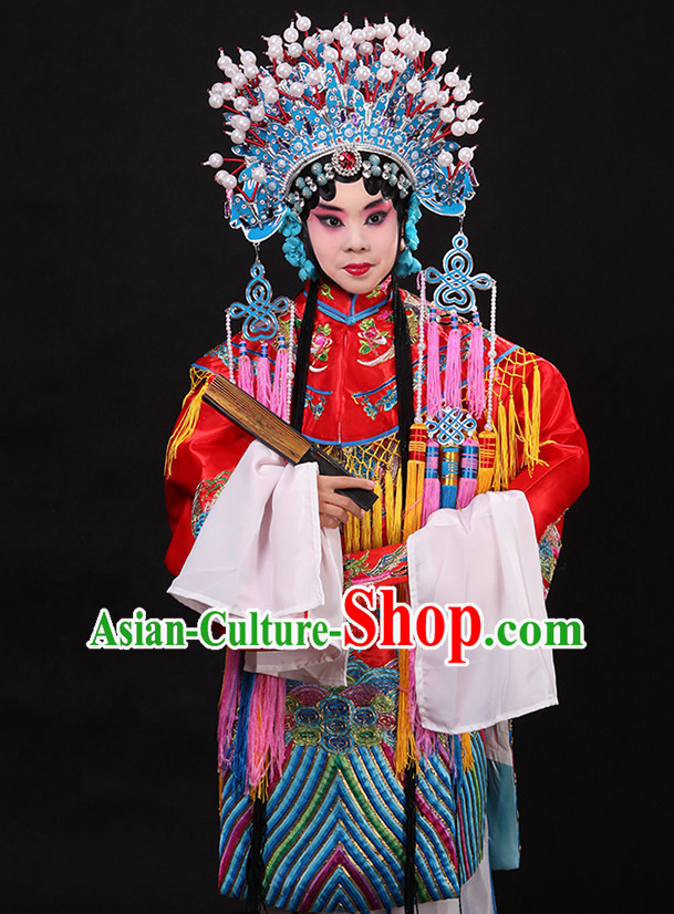 Whtie Ancient Chinese Embroidered Phoenix Opera Clothing and Phoenix Crown Helmet Complete Set for Kids Girls