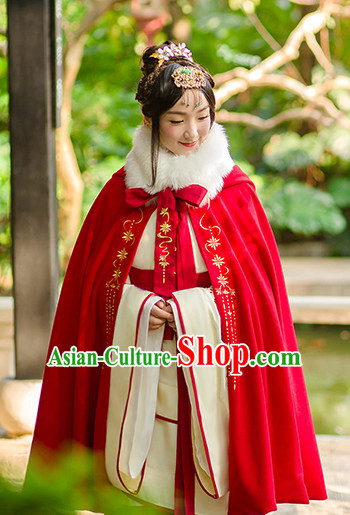 Chinese Ancient Hanfu Dress Crane Embroidery and Cape and Headpieces Complete Set for Women