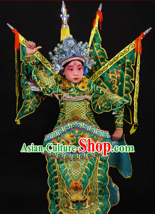 Green Chinese Classic Peking Opera Costume Beijing Opera Costumes Wusheng Armor Complete Set for Adults Kids Men Boys