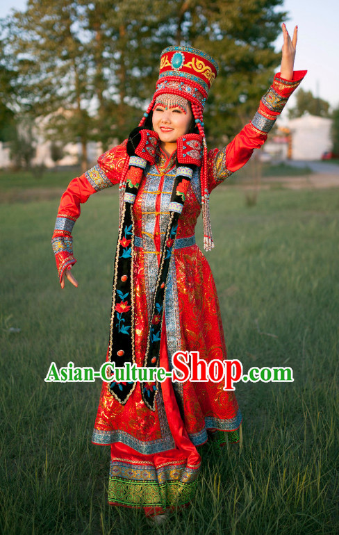 Ancient Chinese Mongolian Princess Clothing Garment Clothing and Hat Headpieces Complete Set
