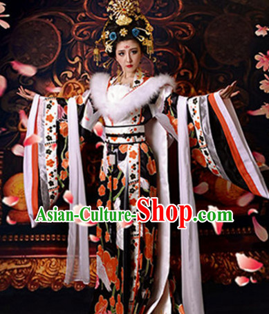 Chinese Ancient Tang Dynasty Empress Crane Dresses and Hair Accessories Complete Set