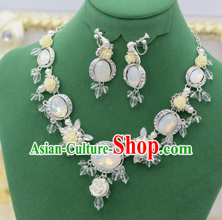 Traditional Wedding Jewelry Accessories, Palace Princess Bride Accessories, Engagement Necklaces, Wedding Earring, Baroco Style Crystal Opal Necklace Set for Women